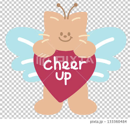 Cute illustration of cat with angel wings, and cheer up heart sign for pet shop, vet, running club, sport, winning competition, animal decoration, cartoon, character, comic, mascot, souvenir shop 133360484