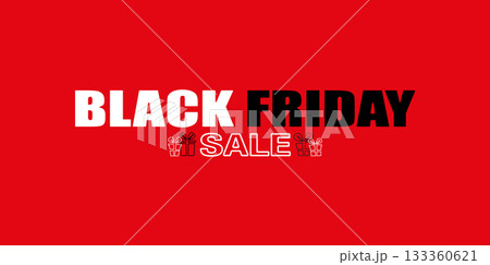 Black Friday sale banner with bold white and black text, red background and small gift icons for seasonal shopping promotion. 133360621