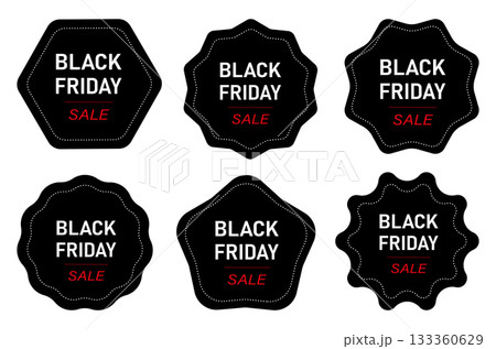 Black Friday sale badge set with spiked and wavy star shapes on white background for discount and marketing design. 133360629