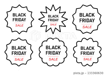 Black Friday sale badge set with black outline star and wave shapes on white background for promotion and marketing design. Black Friday sale badge set with black outline star and wave shapes on white background for promotion and marketing design. 133360630