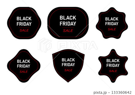 Black Friday sale badge collection with red outline on black shapes for discount advertising and marketing design. 133360642