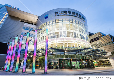 Night view of the Taipei Nangang Exhibition Center Hall 1 in Taiwan. 133360665