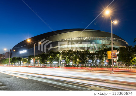 Night view of the Taipei Dome in Taiwan, also known as the Farglory Dome, is a multi-purpose domed stadium. 133360674