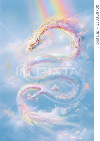 虹と雲の中を舞う白龍の幻想イラスト。幸運・開運・スピリチュアルアート 133360700