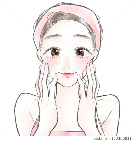 顔に手を添えるかわいい女性の水彩イラスト 顔に手を添えるかわいい女性の水彩イラスト 133360831