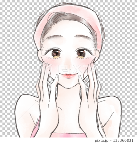 水彩插畫，一位可愛的女子用手摀著臉。 133360831