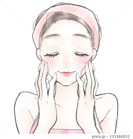 節目がちに頬に両手を添える洗顔中の女性のイラスト 133360832
