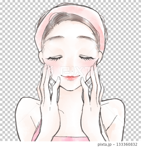 Illustration of a woman washing her face with both hands on her cheeks Illustration of a woman washing her face with both hands on her cheeks 133360832
