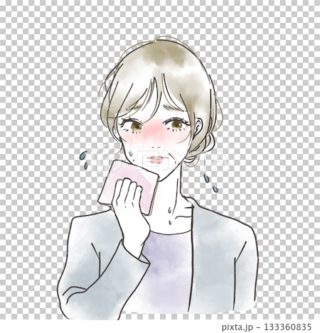 Illustration of a middle-aged woman sweating in the heat due to menopausal symptoms 133360835
