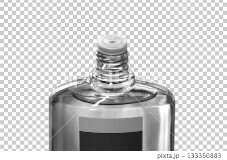 【切り抜き透過背景素材】スクリューキャップを開けた育毛剤の透明のボトル 133360883
