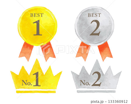 水彩の金銀リボンのメダルと王冠セット 133360912