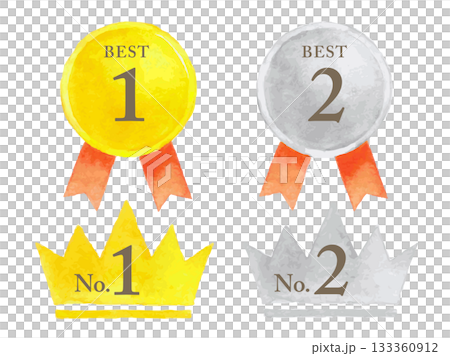 水彩の金銀リボンのメダルと王冠セット 133360912