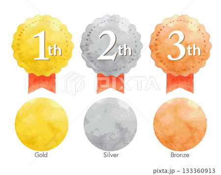 水彩で描いた金銀銅の赤いリボンのメダル 133360913