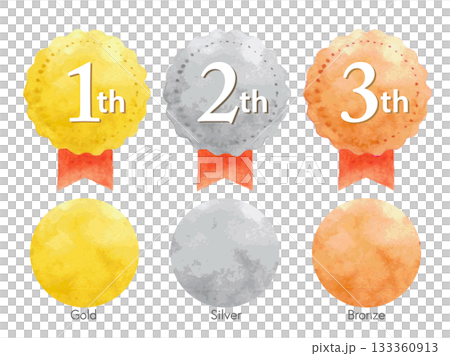 水彩で描いた金銀銅の赤いリボンのメダル 133360913