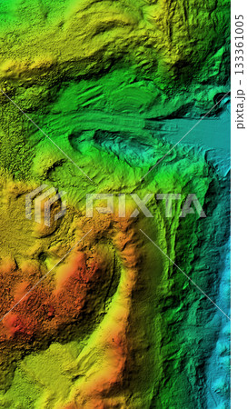 A colorful map of a mountain range with a green and yellow section 133361005