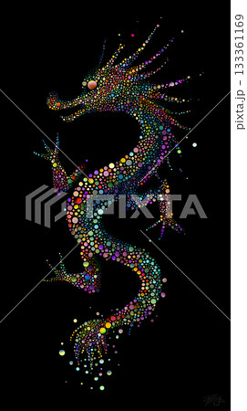 光の粒子で形作られた幻想的な龍のイラスト。黒背景に輝く発光アート 133361169