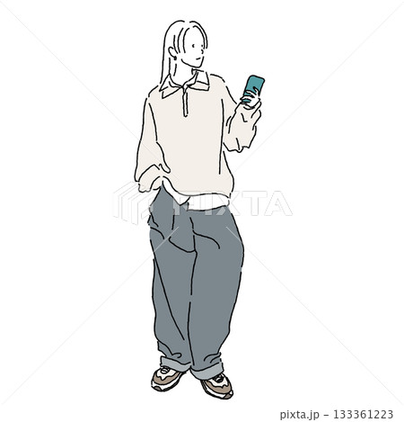 スマホを見るトレンドカジュアルコーデの女性 ゆるシルエットのファッションイラスト スマホを見るトレンドカジュアルコーデの女性 ゆるシルエットのファッションイラスト 133361223