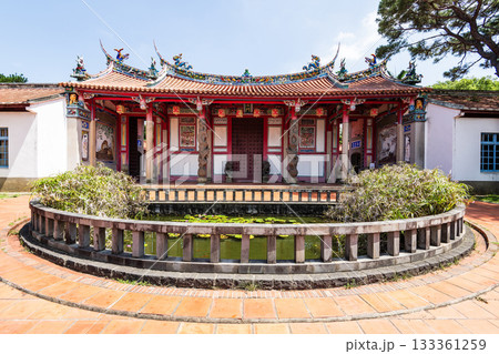 View of the Confucius Temple in Hsinchu City, Taiwan. This is a historic heritage site featuring a Chinese-style building that is over a hundred years old. 133361259