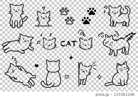 Set of hand-drawn monochrome illustrations of cute cats 133361286