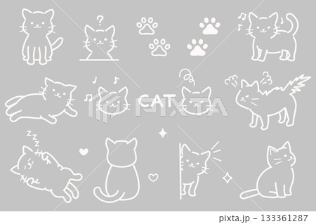 かわいい猫の白い線画イラストセット かわいい猫の白い線画イラストセット 133361287