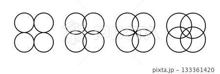 Four intersecting circles set. Circle Venn diagram with four parts. Infographic chart line icon. 4 overlap balance elements diagram. Vector illustration isolated on white background 133361420
