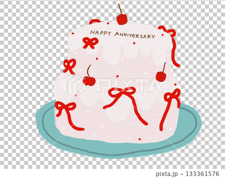 Celebration cake whole fresh cream birthday anniversary ribbon cherry illustration 133361576