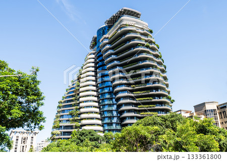 View of the Tao Zhu Yin Yuan building in Xinyi, Taipei, Taiwan, also known as Agora Garden. Its shape is modeled after the DNA double helix structure. 133361800