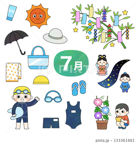 7月の季節イラストセット(七夕・夏の学校行事・暑さ対策) 7月の季節イラストセット(七夕・夏の学校行事・暑さ対策) 133361881