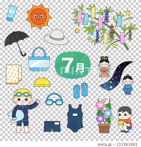 July Seasonal Illustration Set (Tanabata, Summer School Events, Heat Countermeasures) 133361881