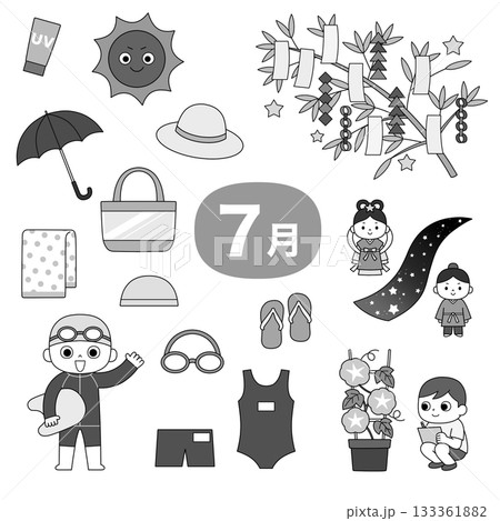モノクロの7月イラストセット（七夕と夏の学校行事） 133361882