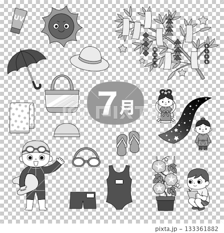 モノクロの7月イラストセット（七夕と夏の学校行事） 133361882