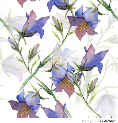 Seamless pattern with hand-drawn blue wildflowers. Watercolor illustration with bellflowers on an isolated background. Seamless background for wallpaper, textiles, and printing. Seamless pattern with hand-drawn blue wildflowers. Watercolor illustration with bellflowers on an isolated background. Seamless background for wallpaper, textiles, and printing. 133362002