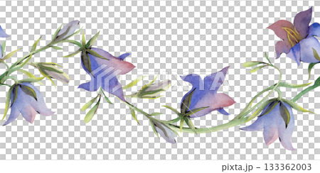 Horizontal seamless border with bells on an isolated background. Watercolor illustration of wildflowers. A botanical template for textile and wallpaper design. Horizontal seamless border with bells on an isolated background. Watercolor illustration of wildflowers. A botanical template for textile and wallpaper design. 133362003