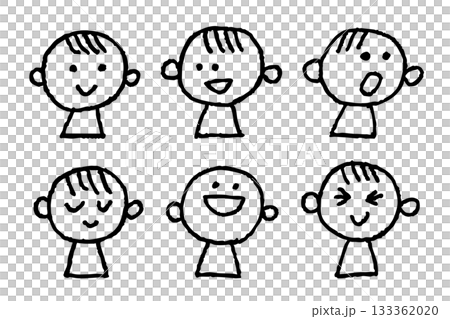 一組6個手繪兒童臉部圖示：簡潔的圖示表達微笑、喜悅、驚訝、平靜、有趣和困惑等情緒。 133362020
