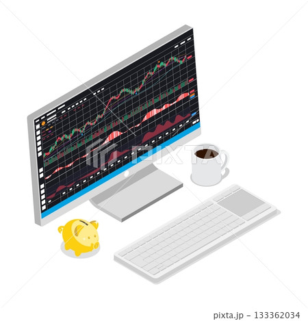 Isometric stock market price chart monitor on desk in a financial trader workspace. 3D vector concept isolated on white background 133362034