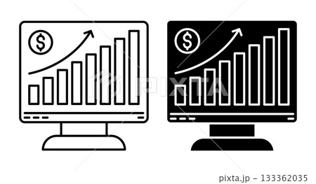 Linear icon. Stock trader monitor with a growing money market chart. Simple vector isolated on white background 133362035