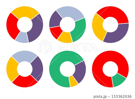 Set of multi colored ring shaped pie diagram, asset percentage charts. Simple flat vector set isolated on white background 133362036