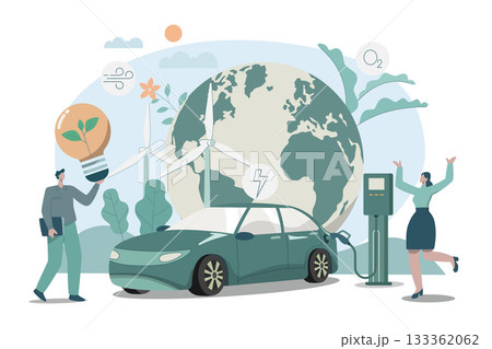 Eco friendly sustainable, Wind turbine and Electric car charging station conserves nature, Clean green energy from renewable sources concept. Vector design illustration. Eco friendly sustainable, Wind turbine and Electric car charging station conserves nature, Clean green energy from renewable sources concept. Vector design illustration. 133362062