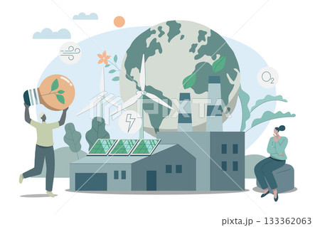 Eco friendly sustainable, Environmental protection factory, Clean green energy from renewable sources concept. Vector design illustration. Eco friendly sustainable, Environmental protection factory, Clean green energy from renewable sources concept. Vector design illustration. 133362063