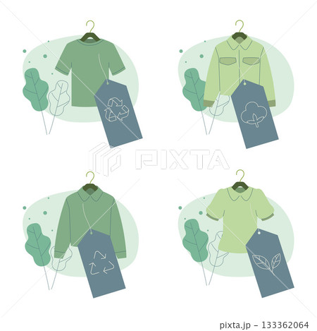Set of Eco friendly clothing sustainable, Recycling, cotton, organic textile. Recycle and environmental care concept on fashion. Vector design illustration. Set of Eco friendly clothing sustainable, Recycling, cotton, organic textile. Recycle and environmental care concept on fashion. Vector design illustration. 133362064