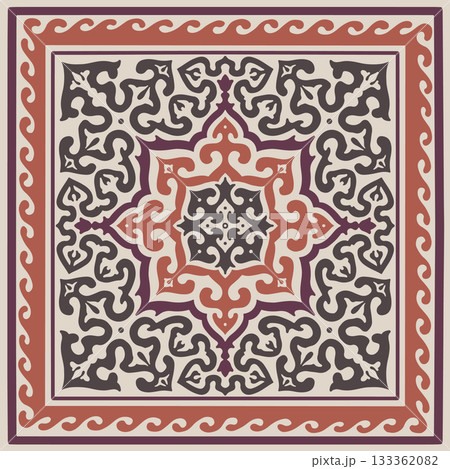 Traditional Central Asian nomadic felt carpet ornament with zoomorphic motifs in earthy palette for ethnic interior design and textiles Traditional Central Asian nomadic felt carpet ornament with zoomorphic motifs in earthy palette for ethnic interior design and textiles 133362082