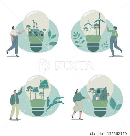 Set of Eco friendly sustainable alternative energy, Solar panel, Green factory, Wind turbine, Modern ecology house in the light bulb, Vector design illustration. Set of Eco friendly sustainable alternative energy, Solar panel, Green factory, Wind turbine, Modern ecology house in the light bulb, Vector design illustration. 133362150