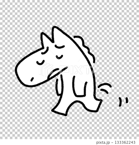 一匹馬形角色垂頭喪氣地走著，肩膀耷拉著，一臉失望，悲傷而單色調。 133362243