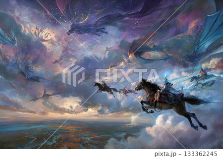 雲海を駆ける騎士と巨大ドラゴンの壮大なファンタジーシーン 雲海を駆ける騎士と巨大ドラゴンの壮大なファンタジーシーン 133362245