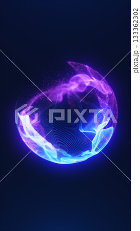 Blue and violet glowing sphere formed from digital waves and particles, floating on dark background 133362302