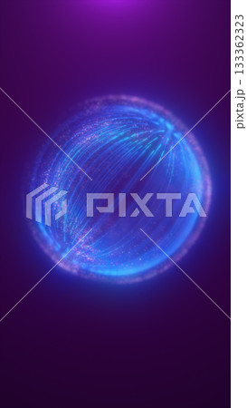 Glowing blue energy sphere surrounded by light trails and particles on a purple background, symbolizing futuristic power Glowing blue energy sphere surrounded by light trails and particles on a purple background, symbolizing futuristic power 133362323