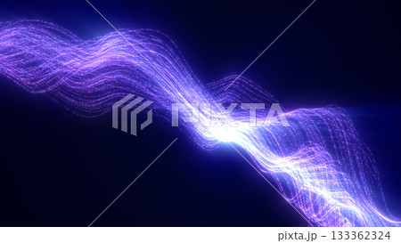 Shimmering purple digital wave ribbons made of glowing particles flowing dynamically in dark space 133362324