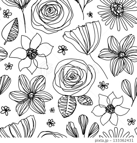Single Line Hand Drawn Floral Doodle Pattern with Flowers in Contour Style Single Line Hand Drawn Floral Doodle Pattern with Flowers in Contour Style 133362431