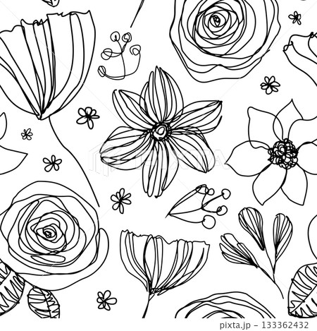 Hand Drawn Doodle Style Floral Pattern with Roses and Abstract Flowers in Black Line Art Hand Drawn Doodle Style Floral Pattern with Roses and Abstract Flowers in Black Line Art 133362432
