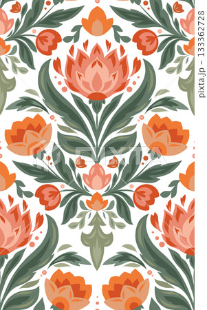 Vector floral pattern with folk style flowers on white background. Decorative seamless texture with stylized flowers and leaves Vector floral pattern with folk style flowers on white background. Decorative seamless texture with stylized flowers and leaves 133362728